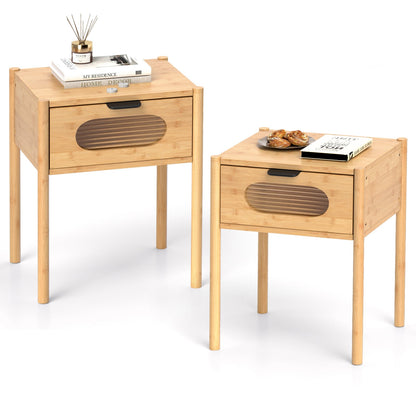 Farmhouse Bedside Table Nightstand Set of 2 with Tempered Glass Decorated Drawer