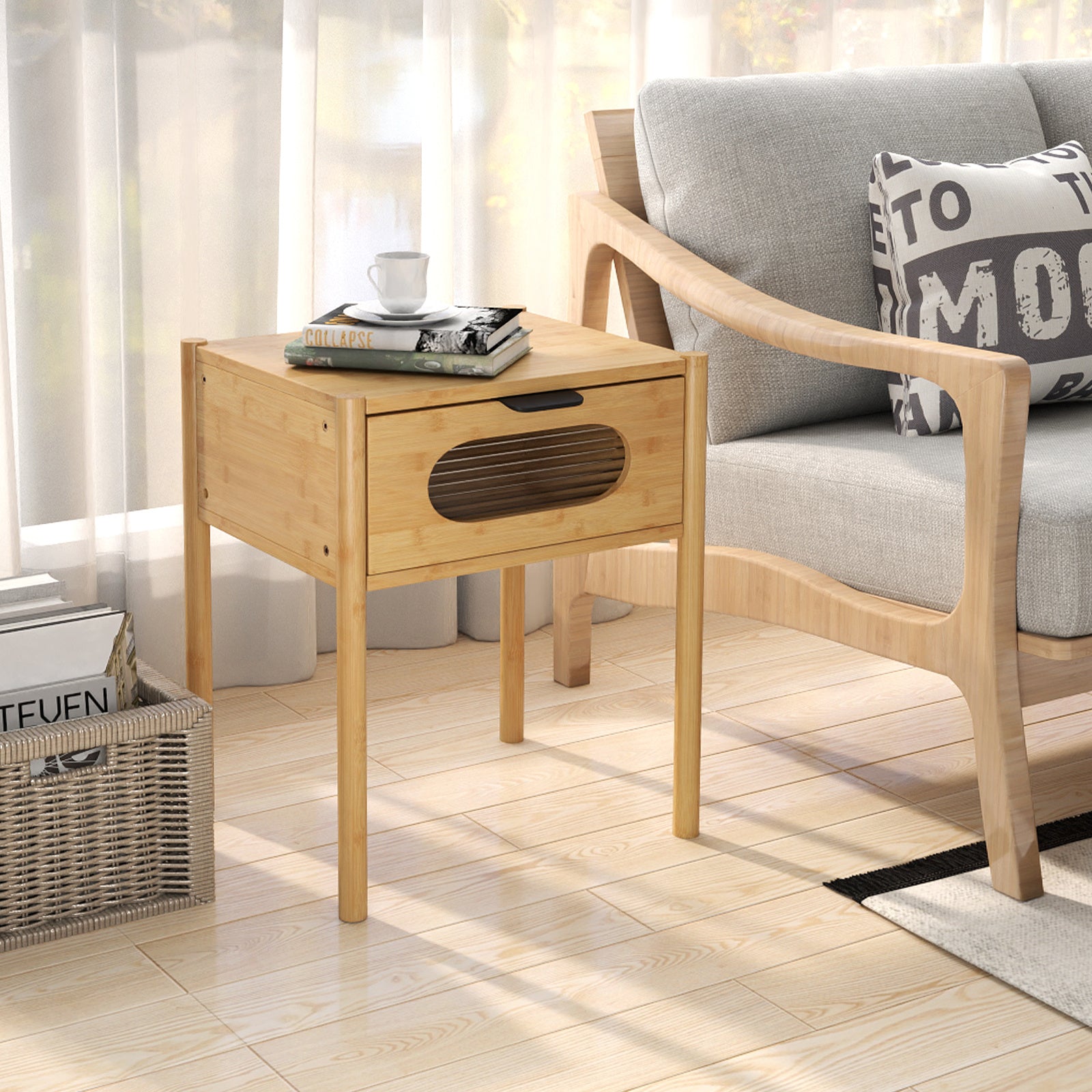 Farmhouse Bedside Table Nightstand Set of 2 with Tempered Glass Decorated Drawer