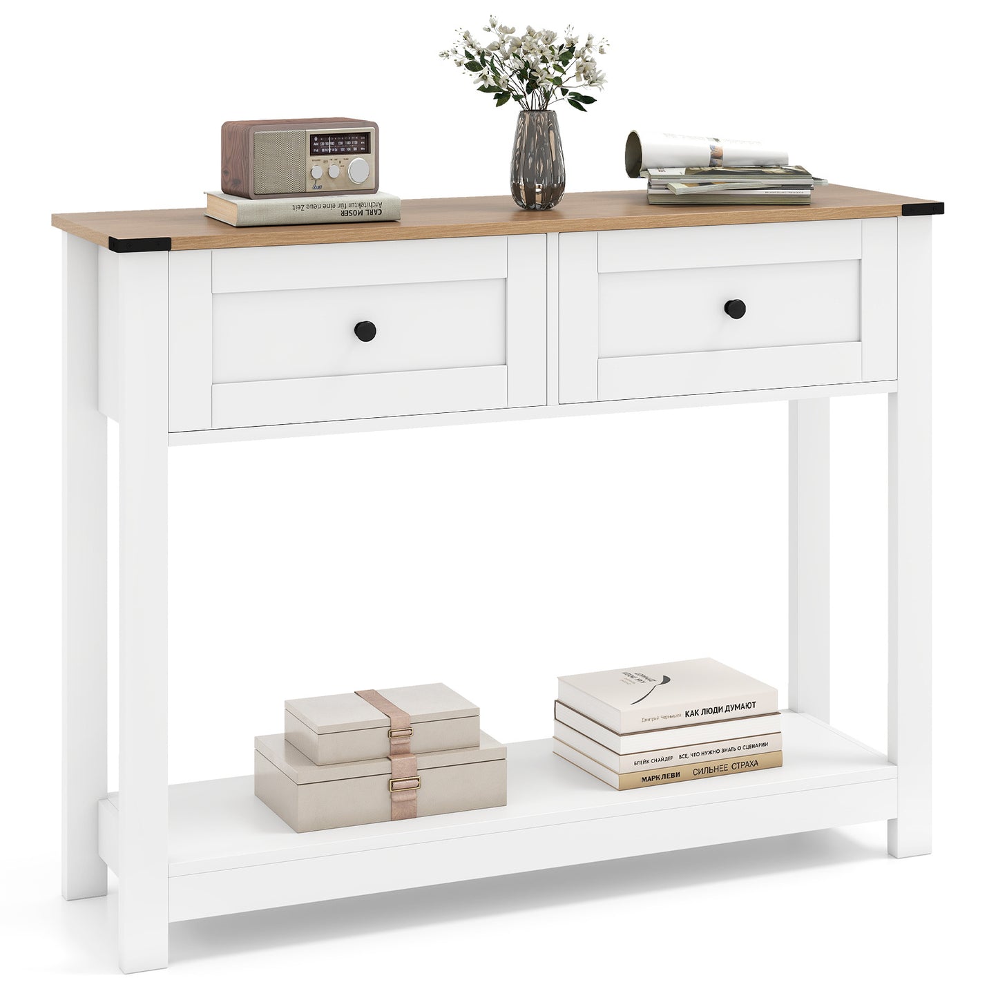 Farmhouse Console Table with 2 Drawers 106CM Long Entryway Table-White