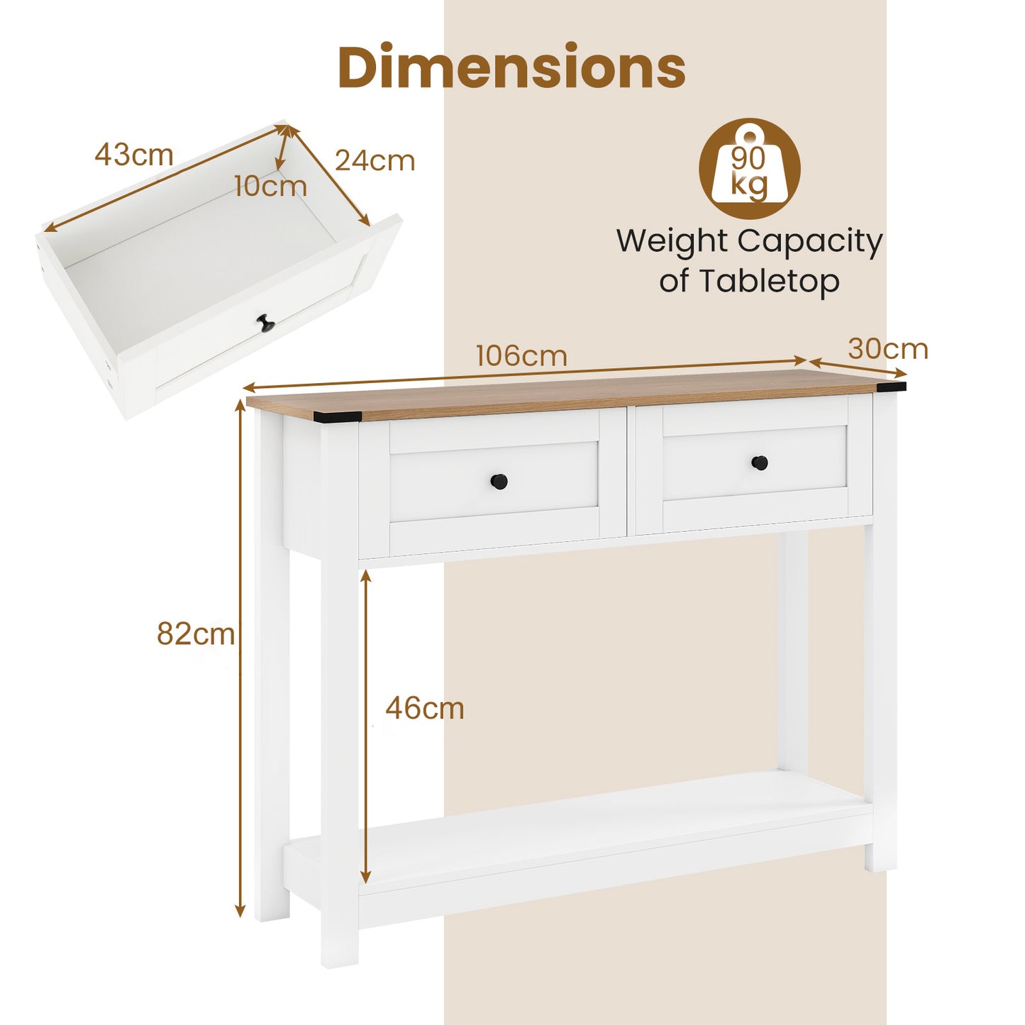 Farmhouse Console Table with 2 Drawers 106CM Long Entryway Table-White