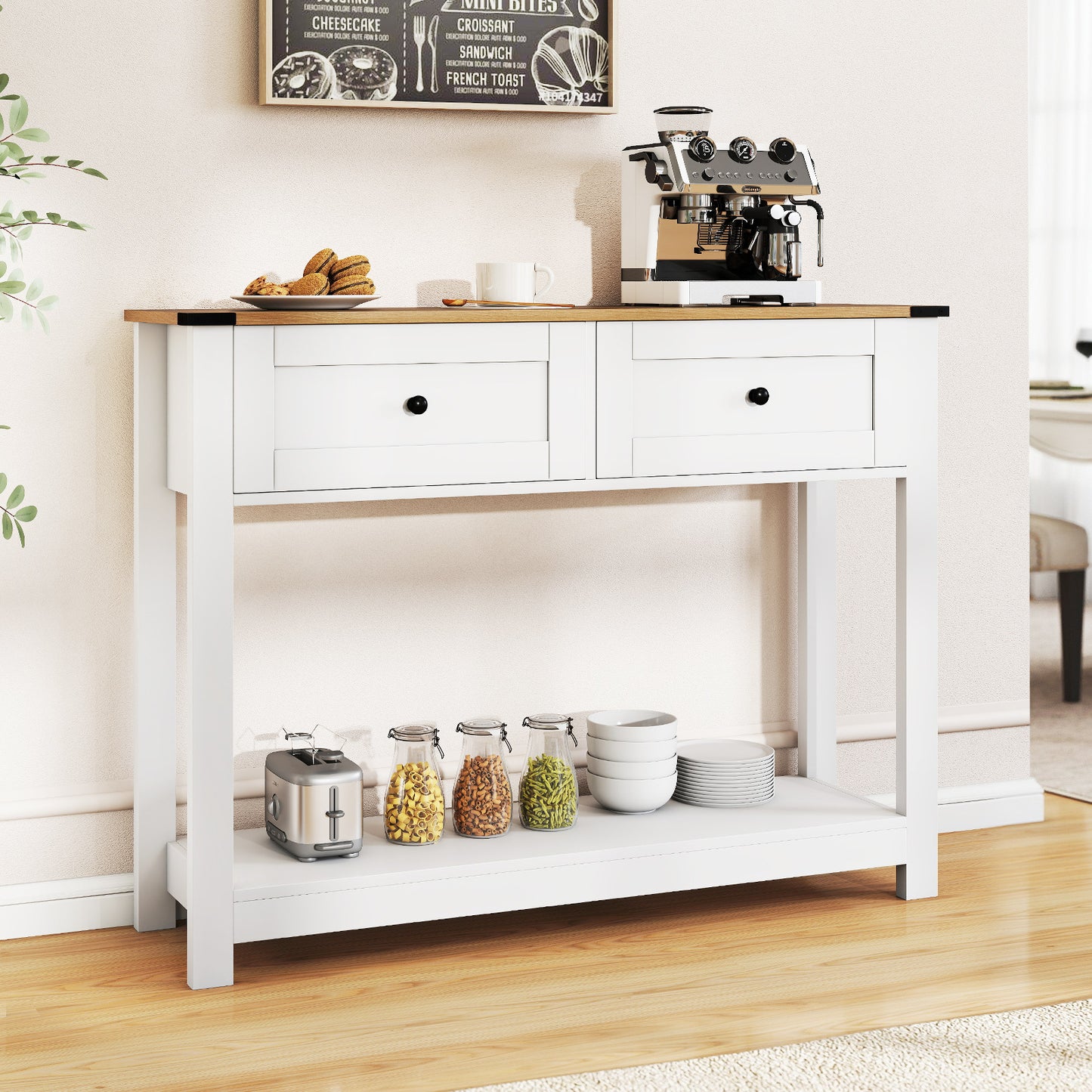 Farmhouse Console Table with 2 Drawers 106CM Long Entryway Table-White