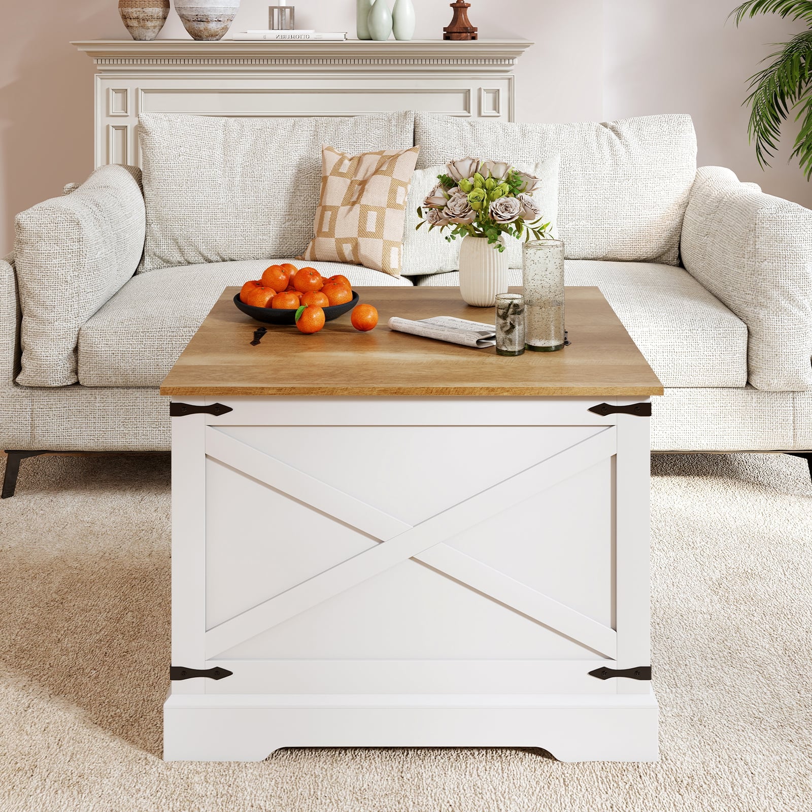 Farmhouse Lift Top Coffee Table 80CM Square Center Table with Hidden Storage Compartment-Brown