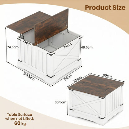 Farmhouse Lift Top Coffee Table 80CM Square Center Table with Hidden Storage Compartment-Rustic Brown
