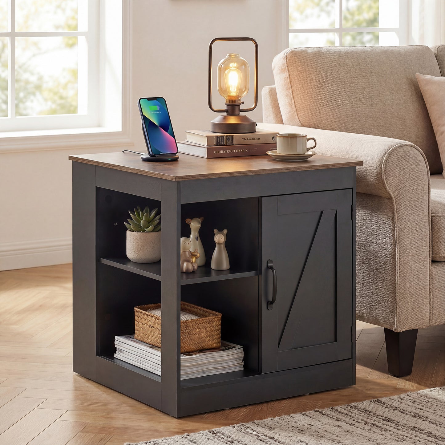 Farmhouse Nightstand Set of 2 with Charging Station Bedside Table with Adjustable Shelf-Black