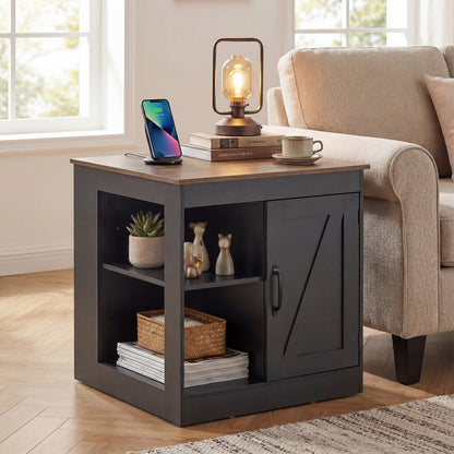 Farmhouse Nightstand Set of 2 with Charging Station Bedside Table with Adjustable Shelf-Black