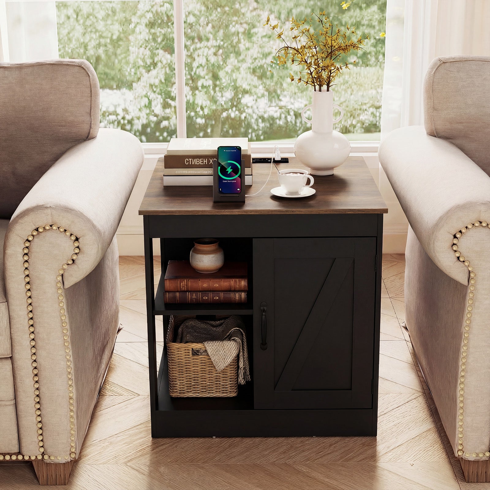 Farmhouse Nightstand Set of 2 with Charging Station Bedside Table with Adjustable Shelf-Black