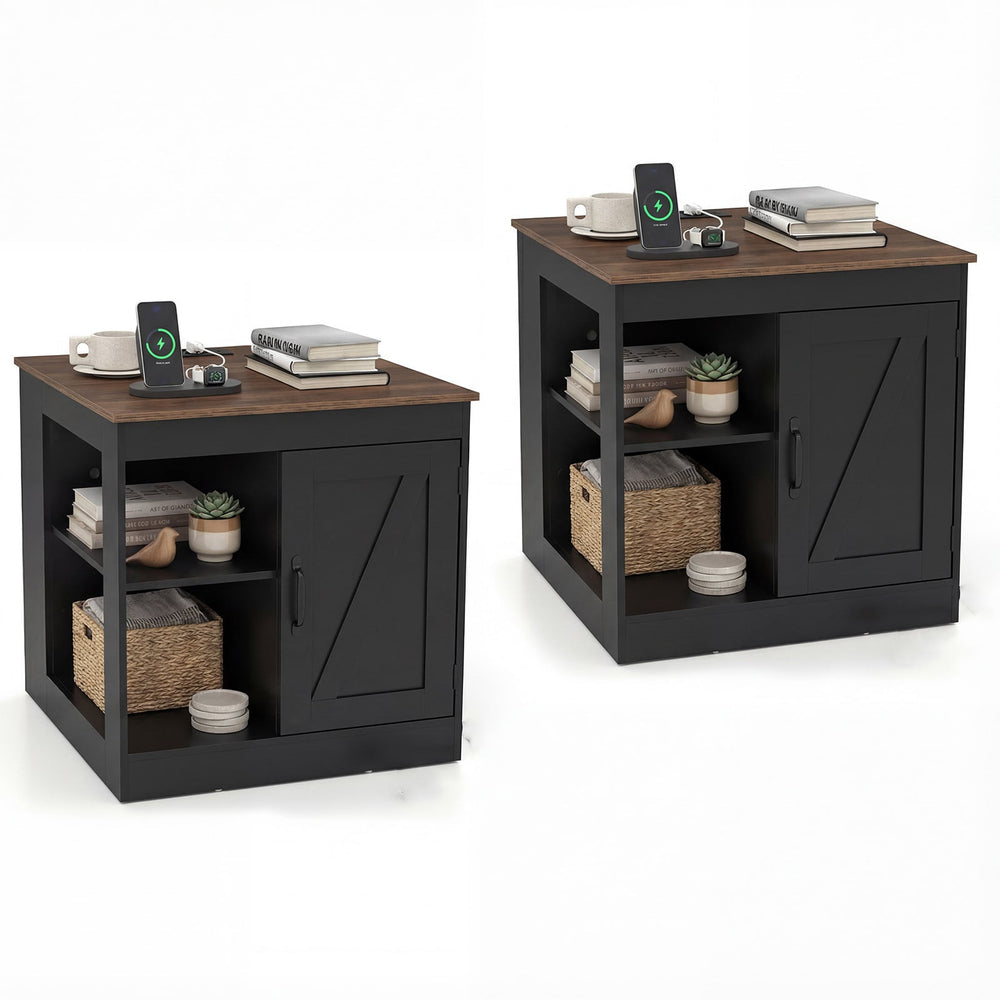Farmhouse Nightstand Set of 2 with Charging Station Bedside Table with Adjustable Shelf-Black
