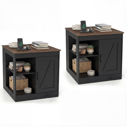 Farmhouse Nightstand Set of 2 with Charging Station Bedside Table with Adjustable Shelf-Black