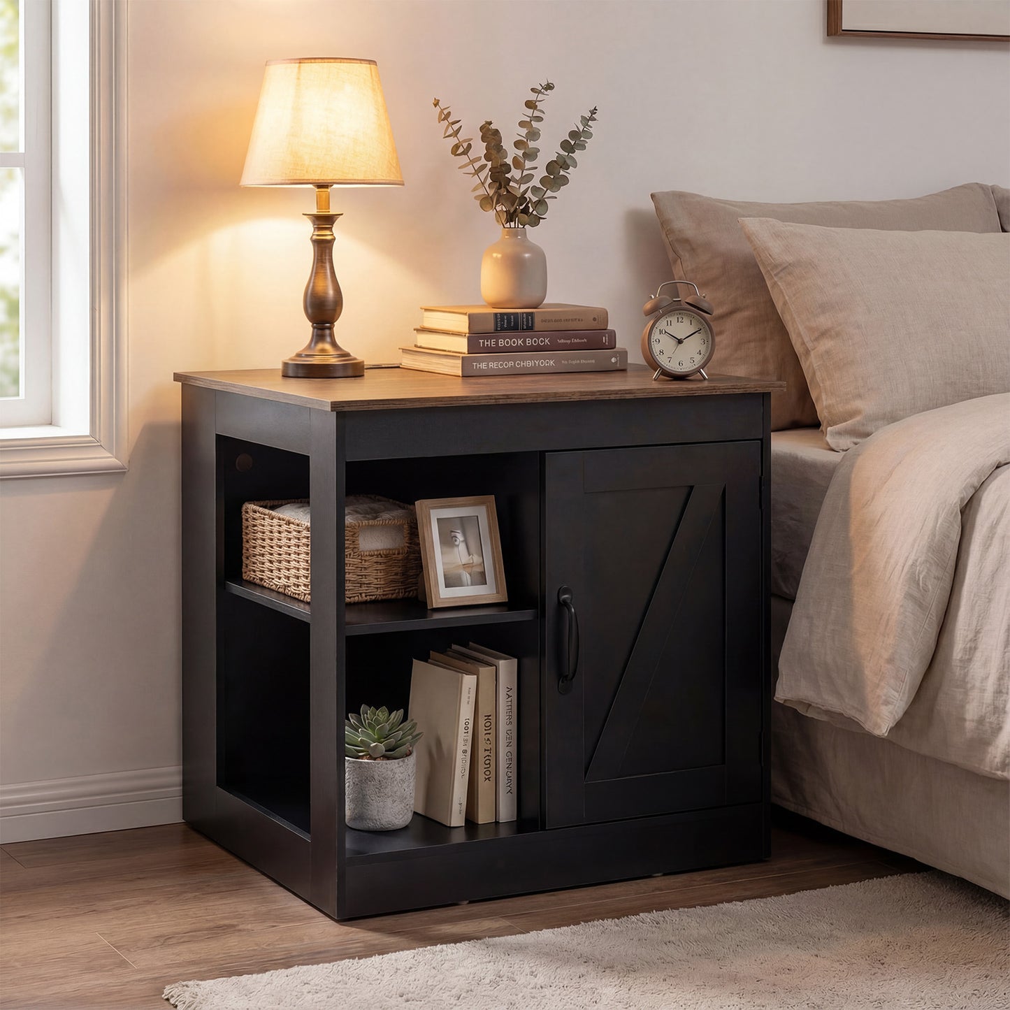 Farmhouse Nightstand Set of 2 with Charging Station Bedside Table with Adjustable Shelf-Black