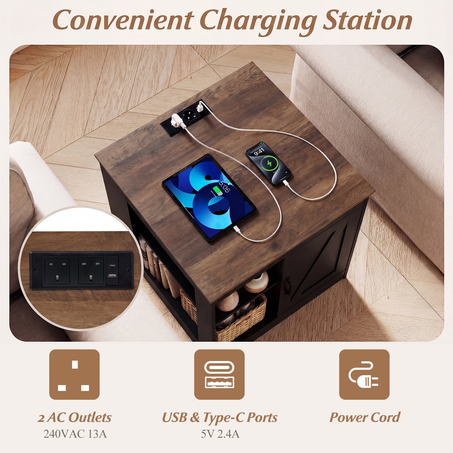 Farmhouse Nightstand Set of 2 with Charging Station Bedside Table with Adjustable Shelf-Black