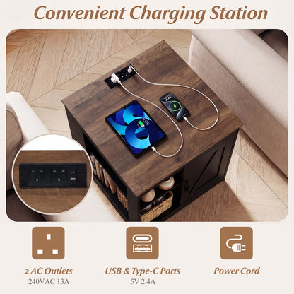 Farmhouse Nightstand Set of 2 with Charging Station Bedside Table with Adjustable Shelf-Black