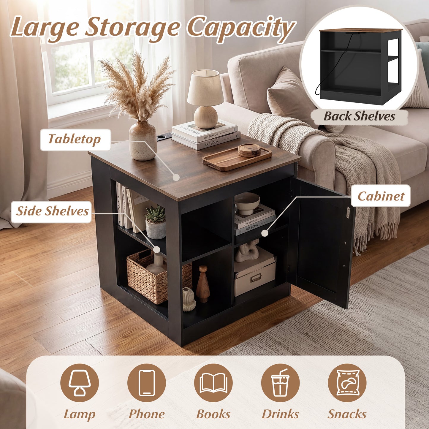 Farmhouse Nightstand Set of 2 with Charging Station Bedside Table with Adjustable Shelf-Black