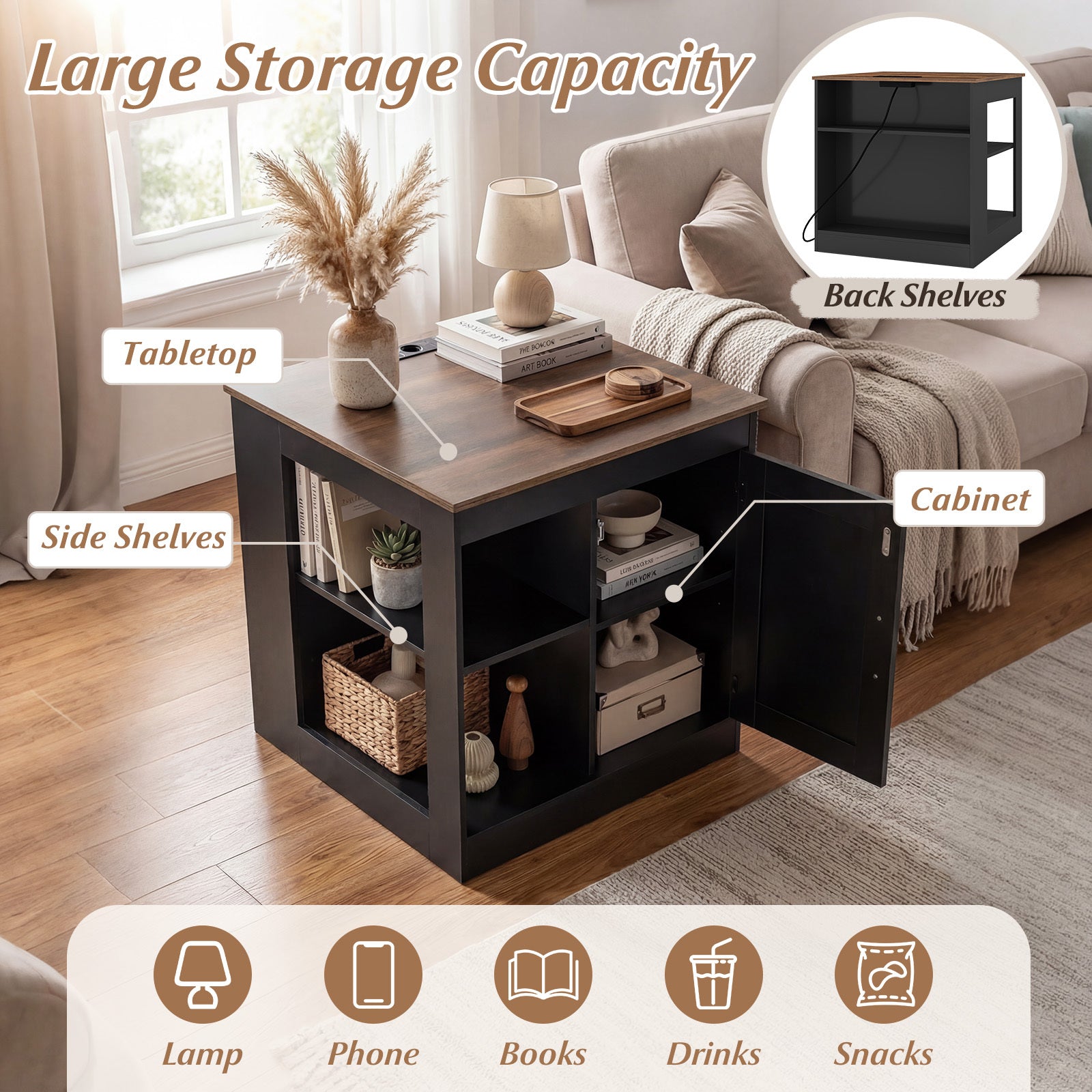 Farmhouse Nightstand Set of 2 with Charging Station Bedside Table with Adjustable Shelf-Black