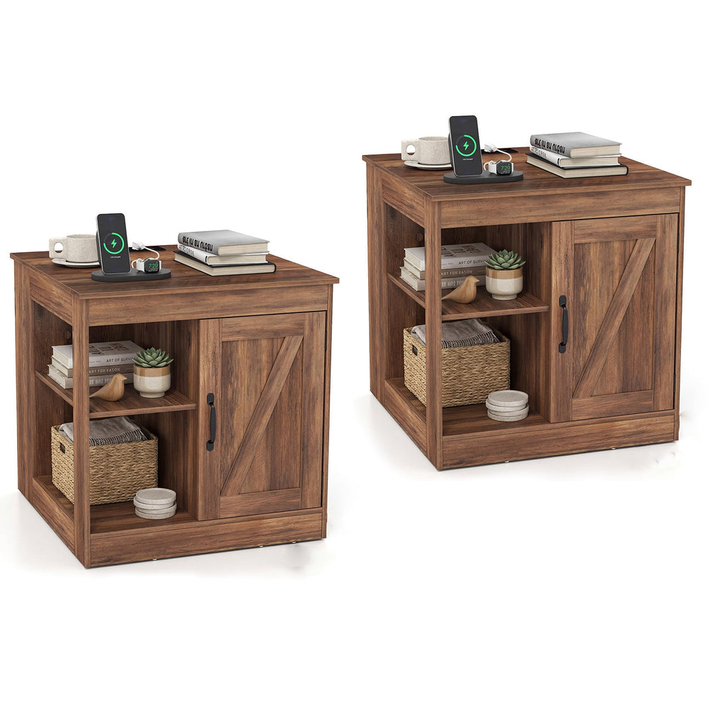 Farmhouse Nightstand Set of 2 with Charging Station Bedside Table with Adjustable Shelf-Brown