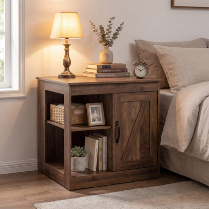 Farmhouse Nightstand Set of 2 with Charging Station Bedside Table with Adjustable Shelf-Brown