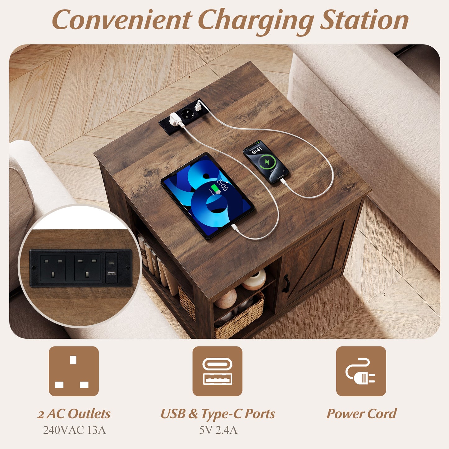 Farmhouse Nightstand Set of 2 with Charging Station Bedside Table with Adjustable Shelf-Brown