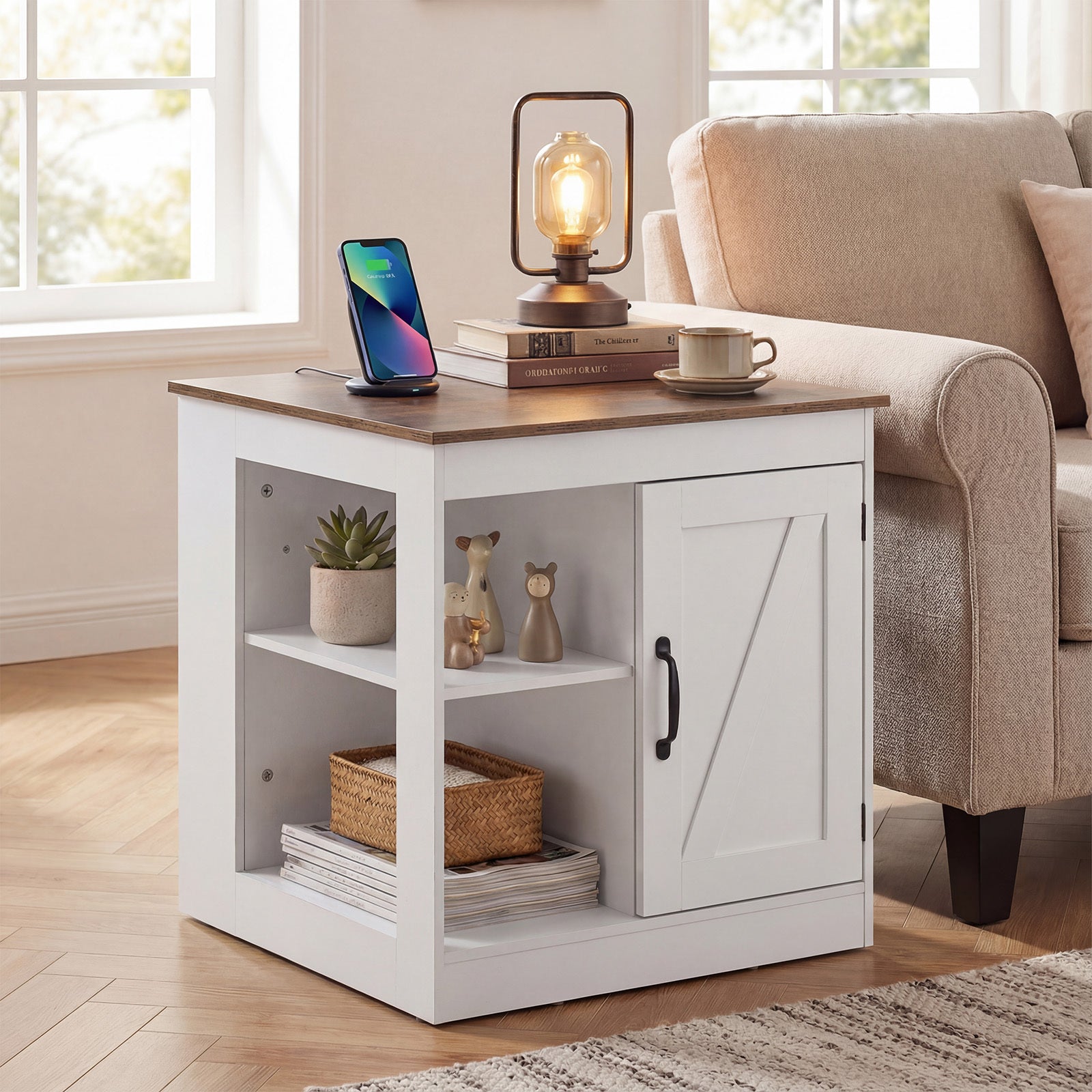 Farmhouse Nightstand Set of 2 with Charging Station Bedside Table with Adjustable Shelf-White