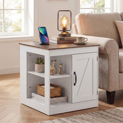 Farmhouse Nightstand Set of 2 with Charging Station Bedside Table with Adjustable Shelf-White