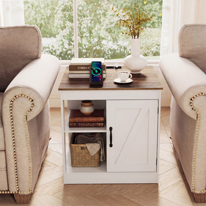 Farmhouse Nightstand Set of 2 with Charging Station Bedside Table with Adjustable Shelf-White