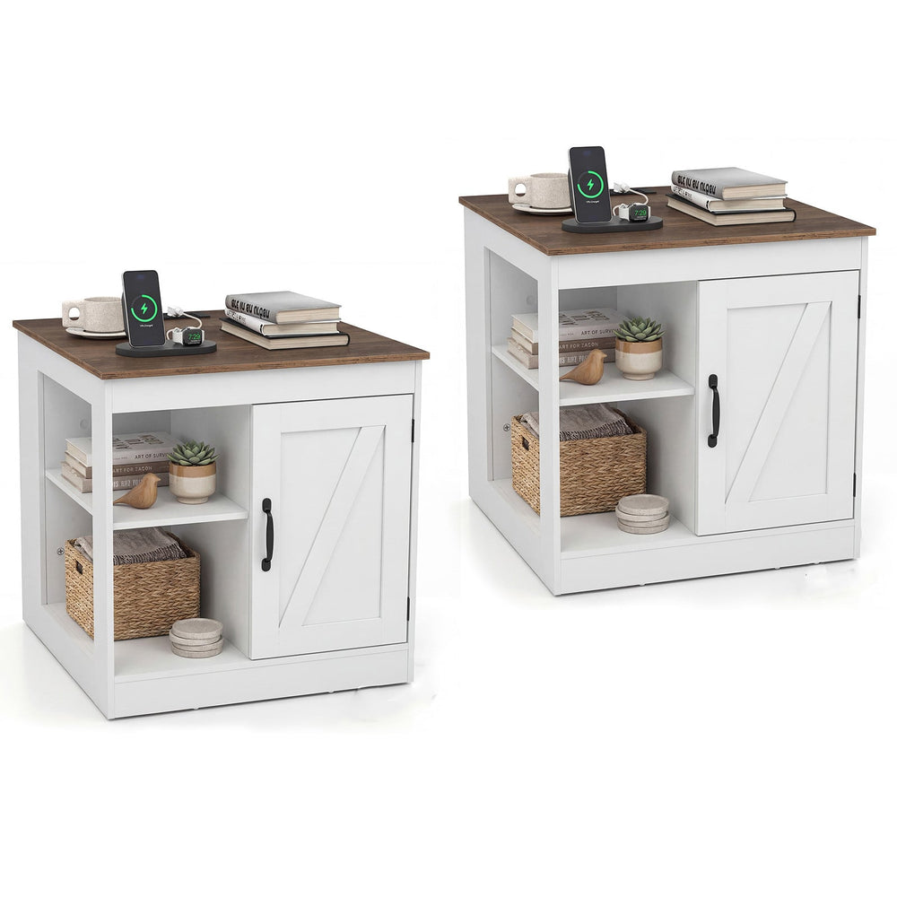 Farmhouse Nightstand Set of 2 with Charging Station Bedside Table with Adjustable Shelf-White