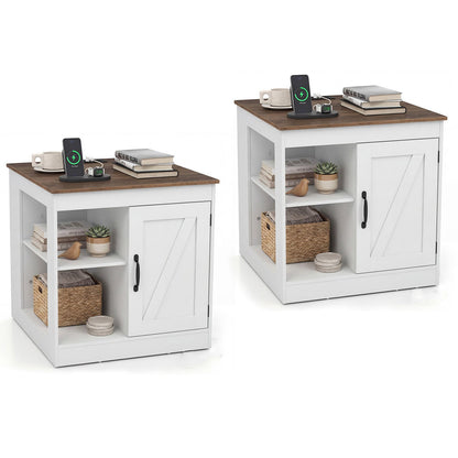 Farmhouse Nightstand Set of 2 with Charging Station Bedside Table with Adjustable Shelf-White