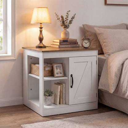 Farmhouse Nightstand Set of 2 with Charging Station Bedside Table with Adjustable Shelf-White