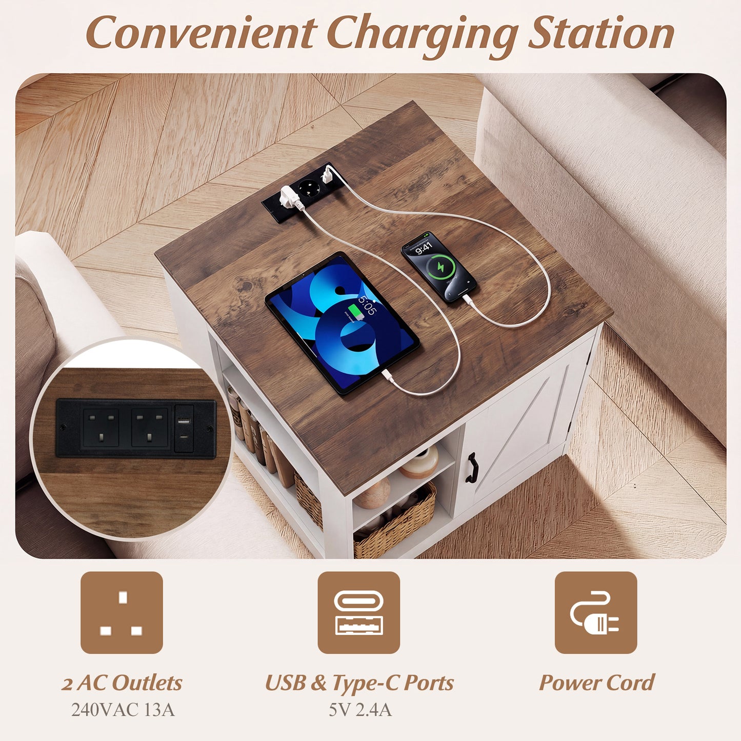 Farmhouse Nightstand Set of 2 with Charging Station Bedside Table with Adjustable Shelf-White