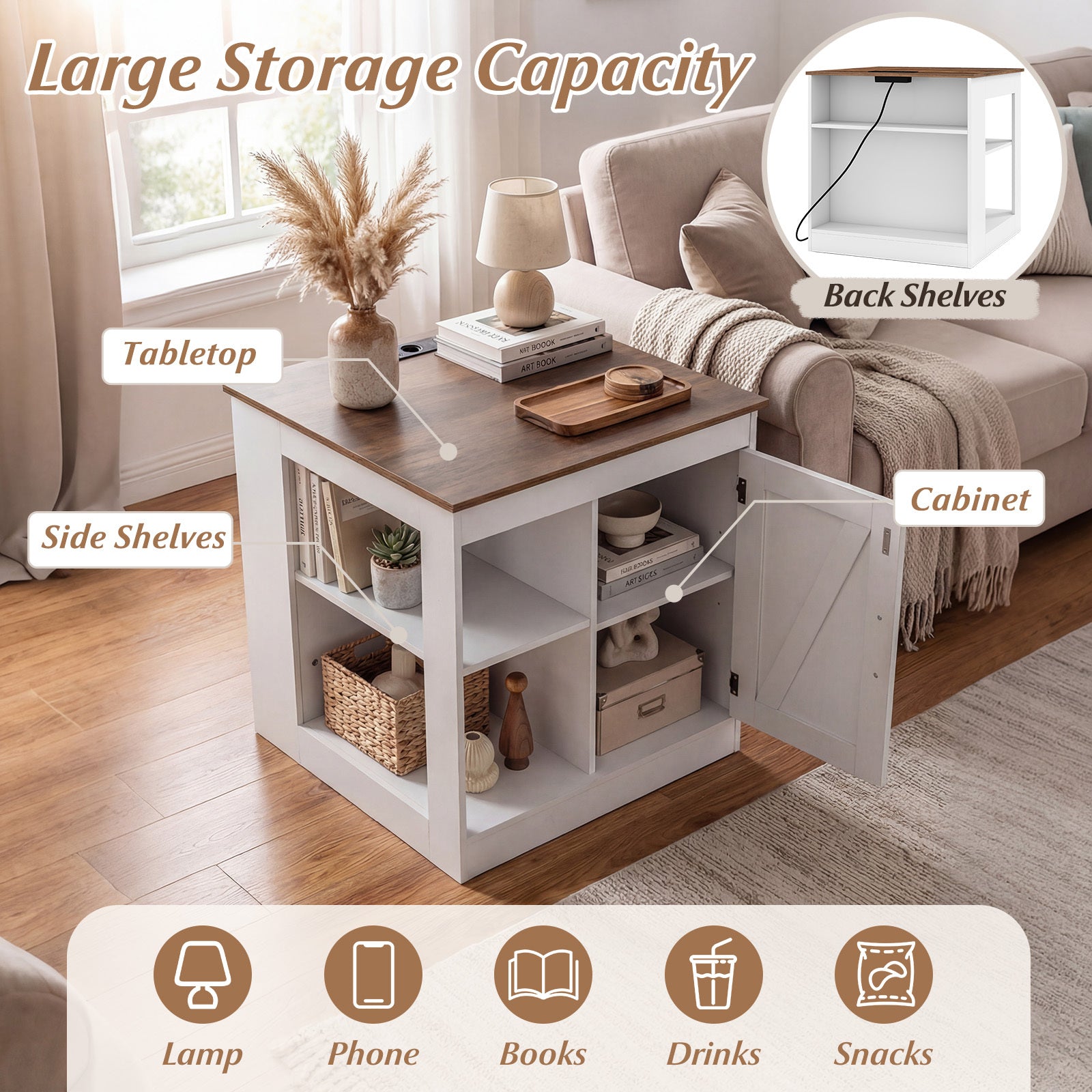 Farmhouse Nightstand Set of 2 with Charging Station Bedside Table with Adjustable Shelf-White