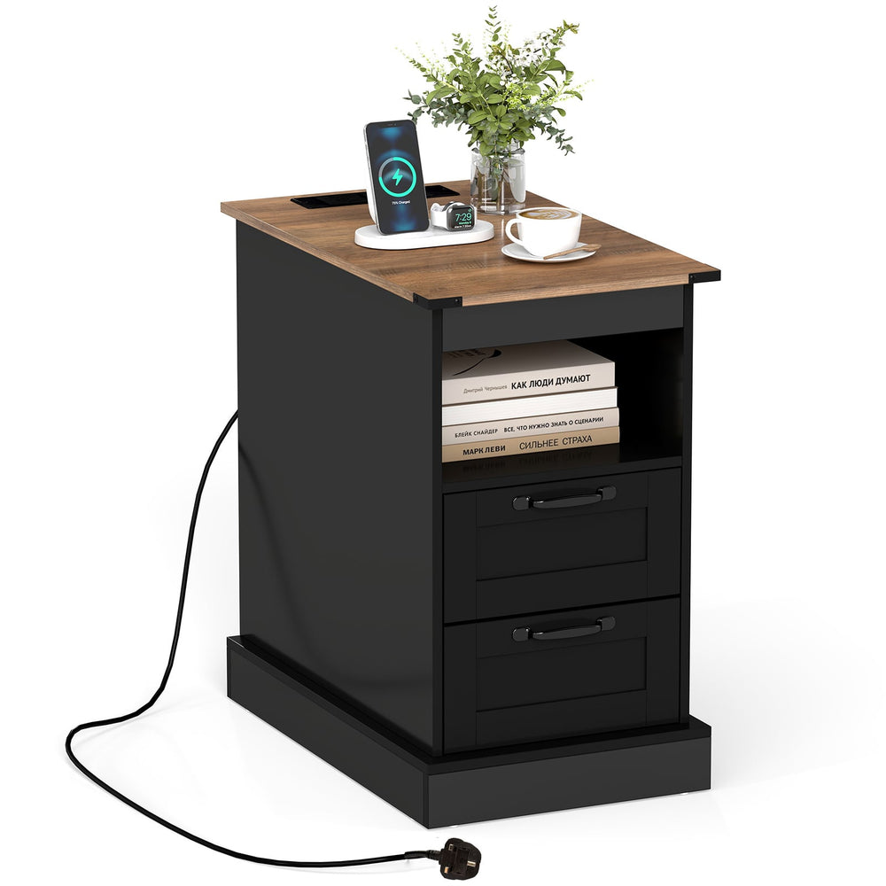 Farmhouse Nightstand with Charging Station and 2 Drawers-Black