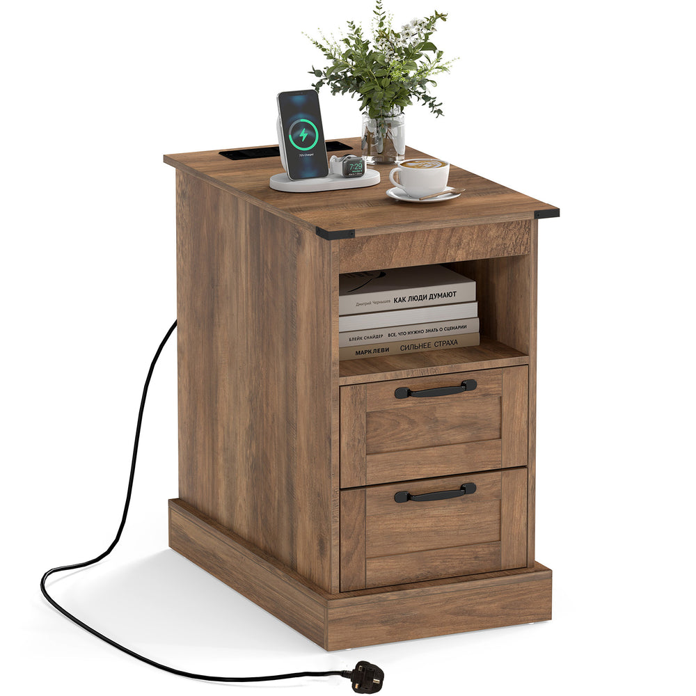Farmhouse Nightstand with Charging Station and 2 Drawers-Rustic Brown