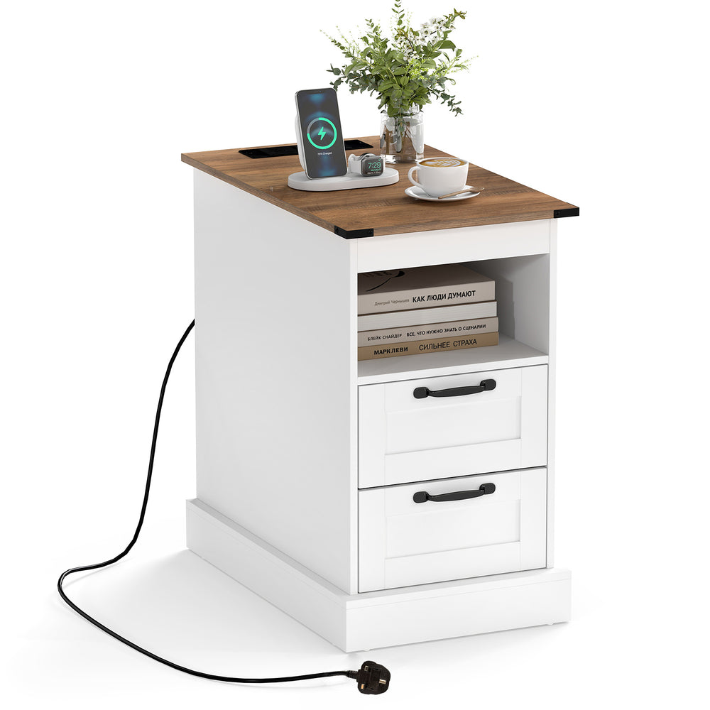Farmhouse Nightstand with Charging Station and 2 Drawers-White