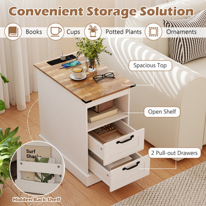 Farmhouse Nightstand with Charging Station and 2 Drawers-White