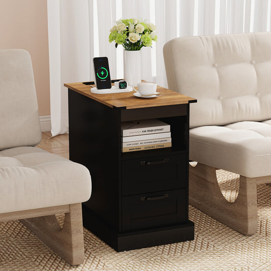 Farmhouse Nightstand with Charging Station with Open Storage Shelf and 2 Drawers for Bedroom-Black