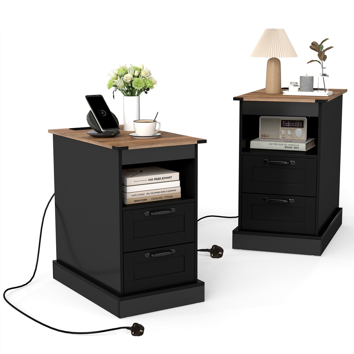 Farmhouse Nightstand with Charging Station with Open Storage Shelf and 2 Drawers for Bedroom-Black