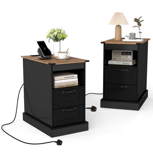 Farmhouse Nightstand with Charging Station with Open Storage Shelf and 2 Drawers for Bedroom-Black