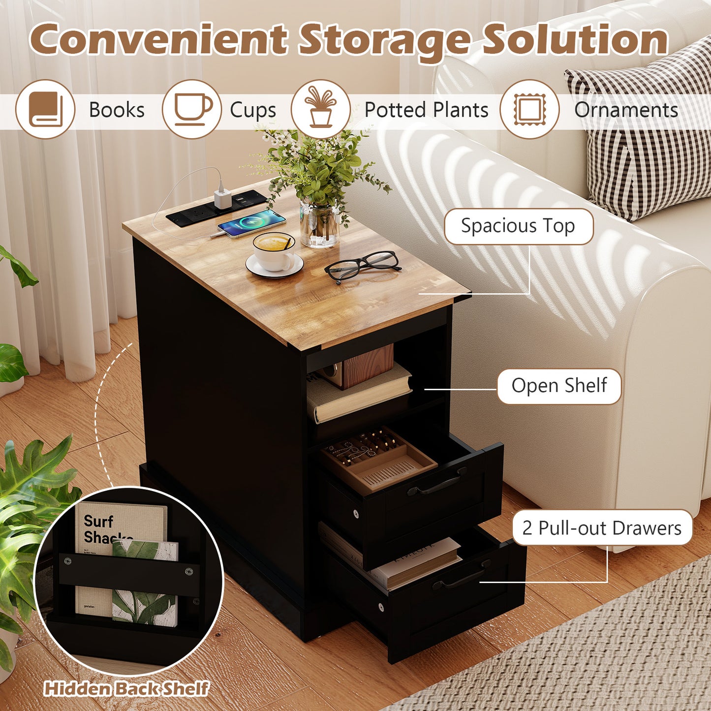 Farmhouse Nightstand with Charging Station with Open Storage Shelf and 2 Drawers for Bedroom-Black