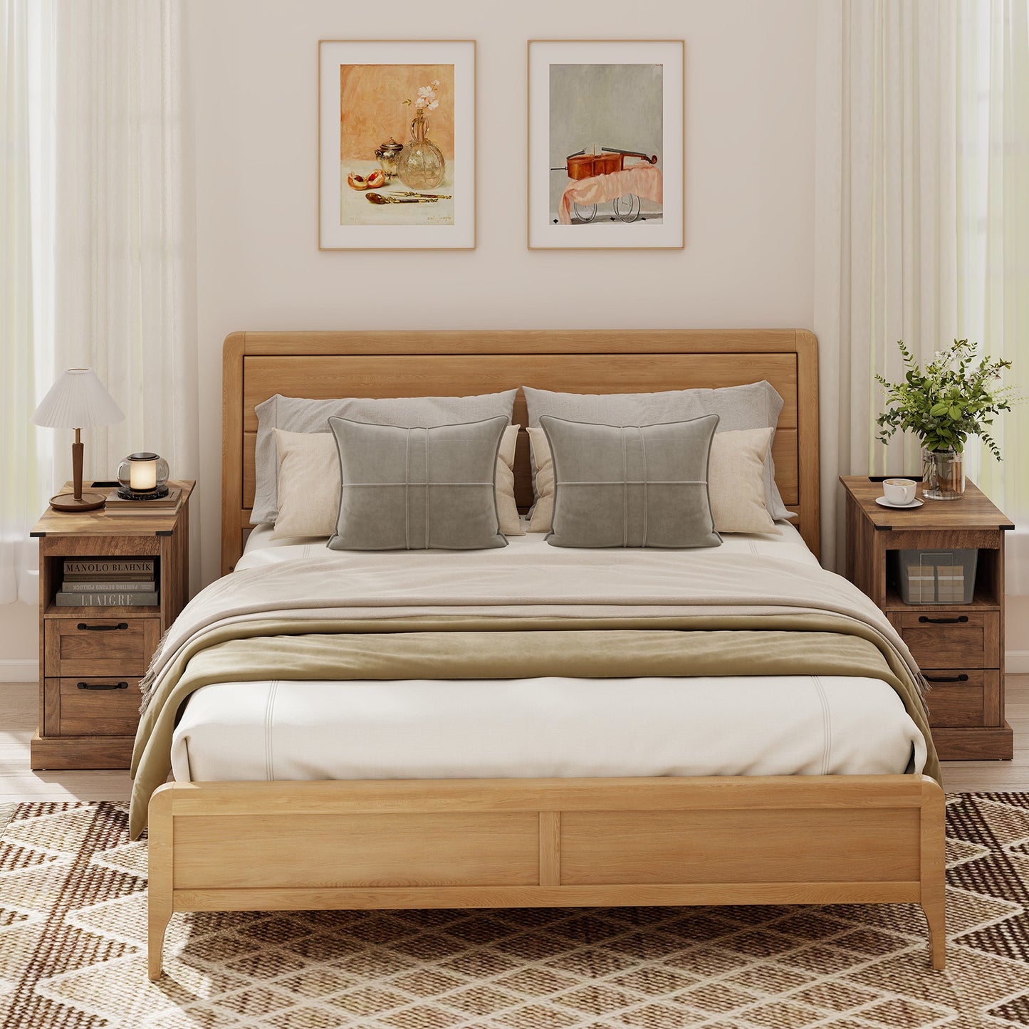 Farmhouse Nightstand with Charging Station with Open Storage Shelf and 2 Drawers for Bedroom-Rustic Brown