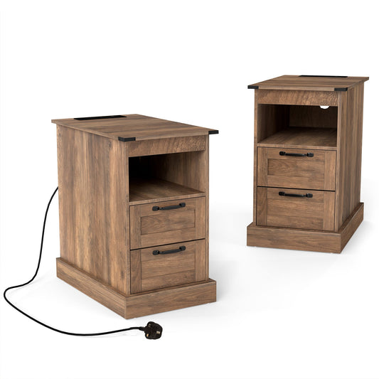 Farmhouse Nightstand with Charging Station with Open Storage Shelf and 2 Drawers for Bedroom-Rustic Brown