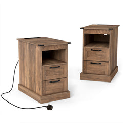 Farmhouse Nightstand with Charging Station with Open Storage Shelf and 2 Drawers for Bedroom-Rustic Brown