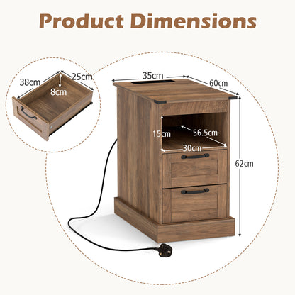 Farmhouse Nightstand with Charging Station with Open Storage Shelf and 2 Drawers for Bedroom-Rustic Brown