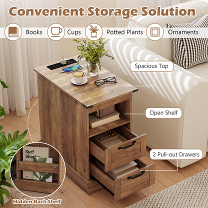 Farmhouse Nightstand with Charging Station with Open Storage Shelf and 2 Drawers for Bedroom-Rustic Brown