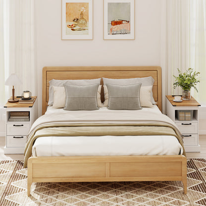 Farmhouse Nightstand with Charging Station with Open Storage Shelf and 2 Drawers for Bedroom-White