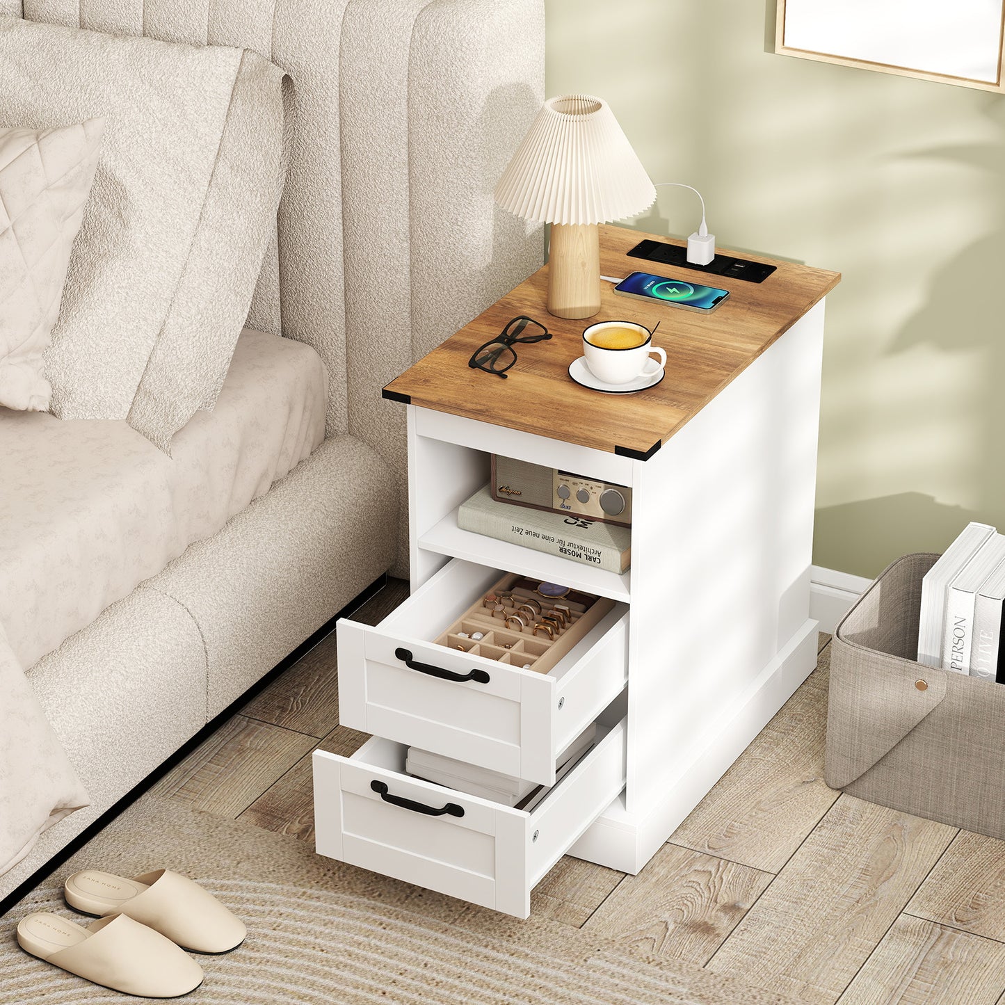 Farmhouse Nightstand with Charging Station with Open Storage Shelf and 2 Drawers for Bedroom-White