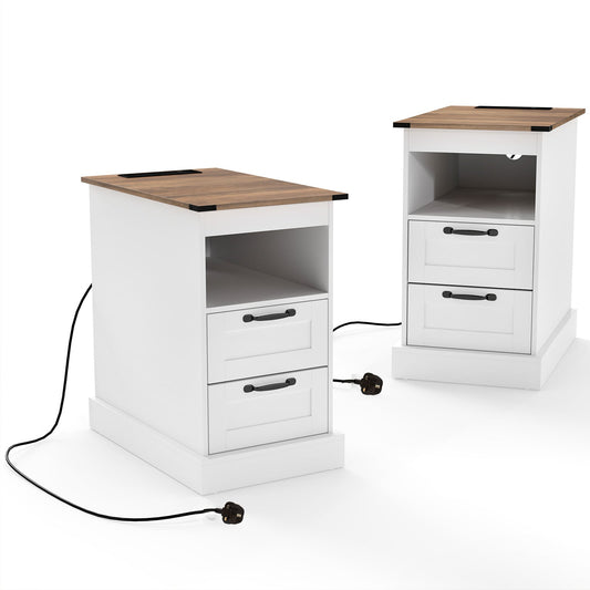 Farmhouse Nightstand with Charging Station with Open Storage Shelf and 2 Drawers for Bedroom-White