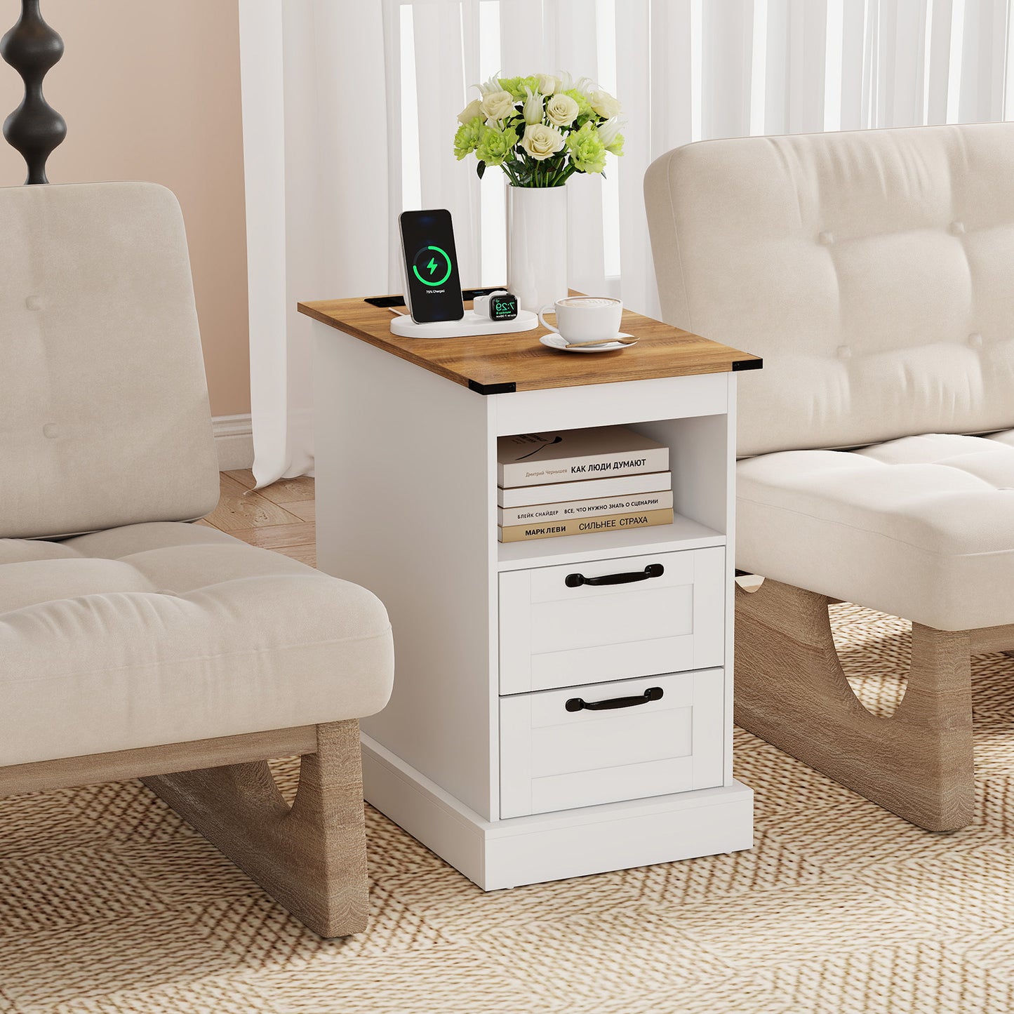 Farmhouse Nightstand with Charging Station with Open Storage Shelf and 2 Drawers for Bedroom-White