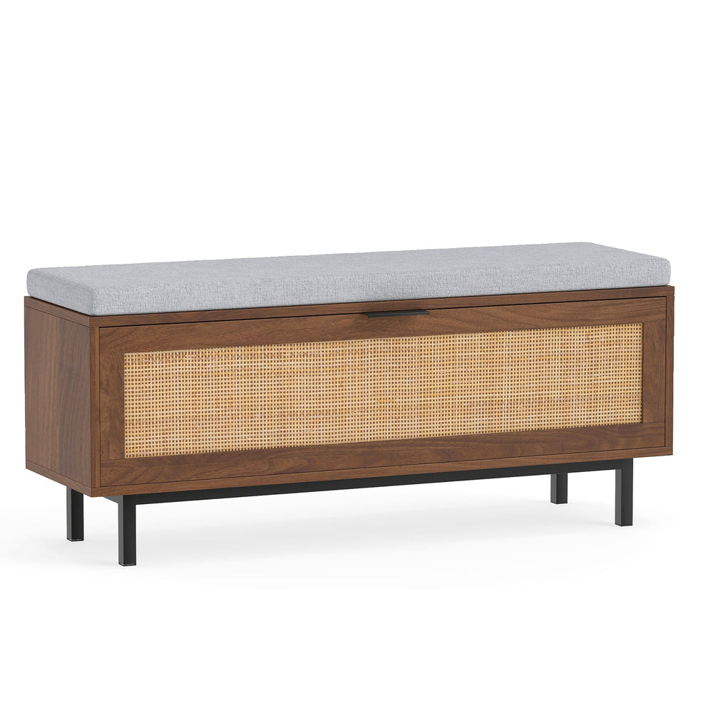 Farmhouse Shoe Storage Bench with Padded Cushion and Rattan Door-Brown