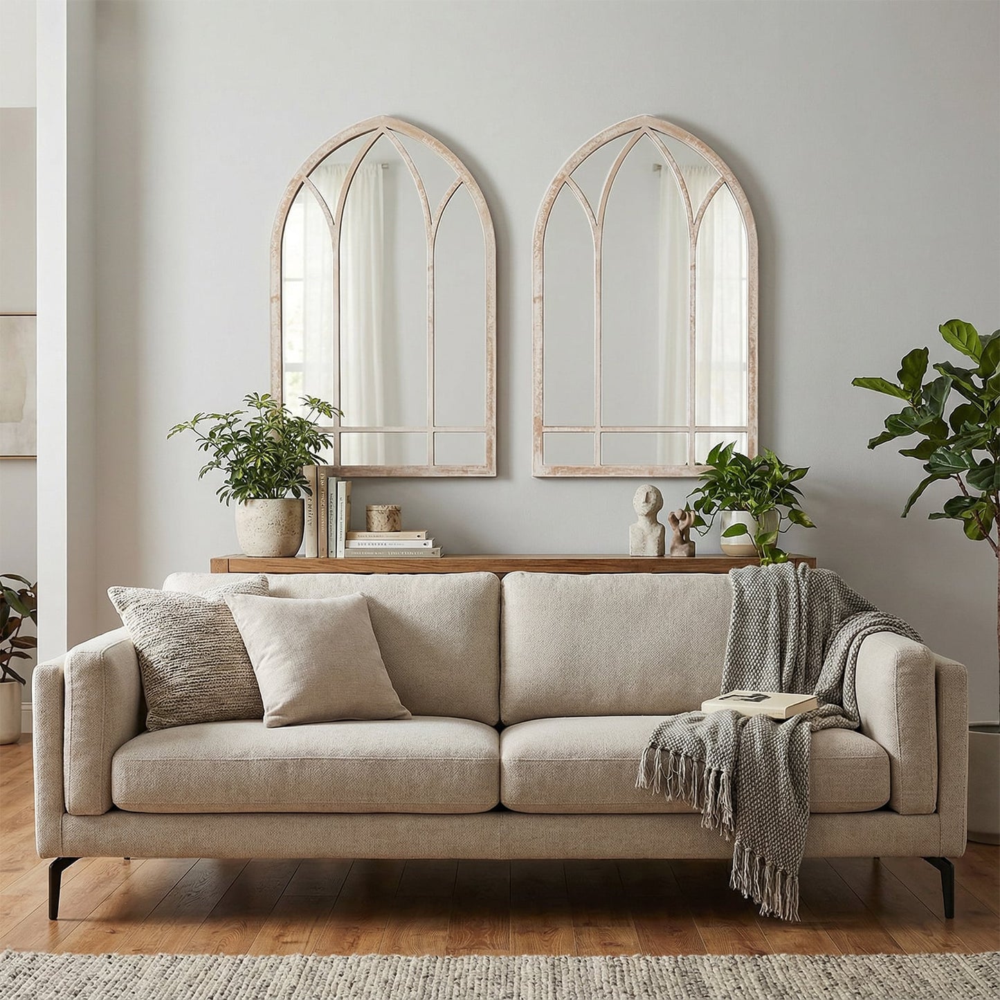 Farmhouse Window Pane Mirror Large Arched Wall Mounted Mirror with Metal Frame 83 x 48 cm-Grey