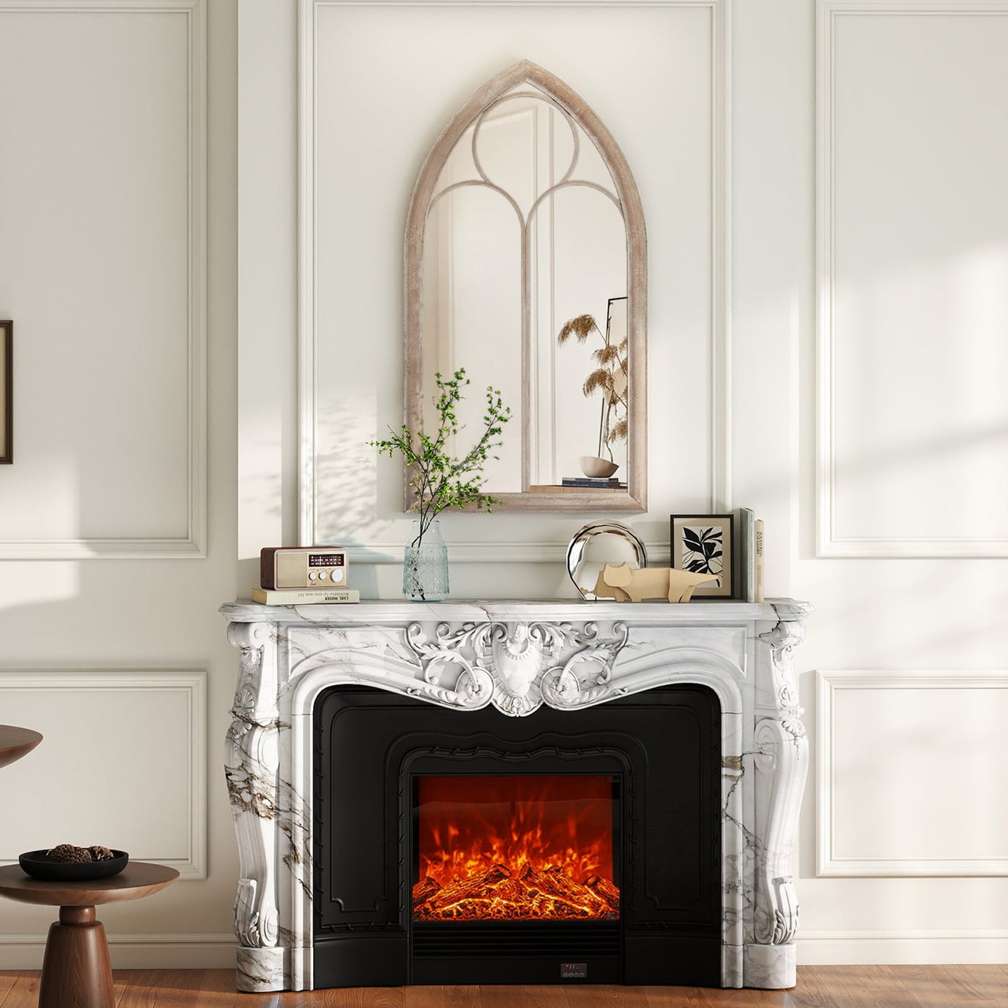 Farmhouse Window Pane Mirror Large Arched Wall Mounted Mirror with Metal Frame-Grey