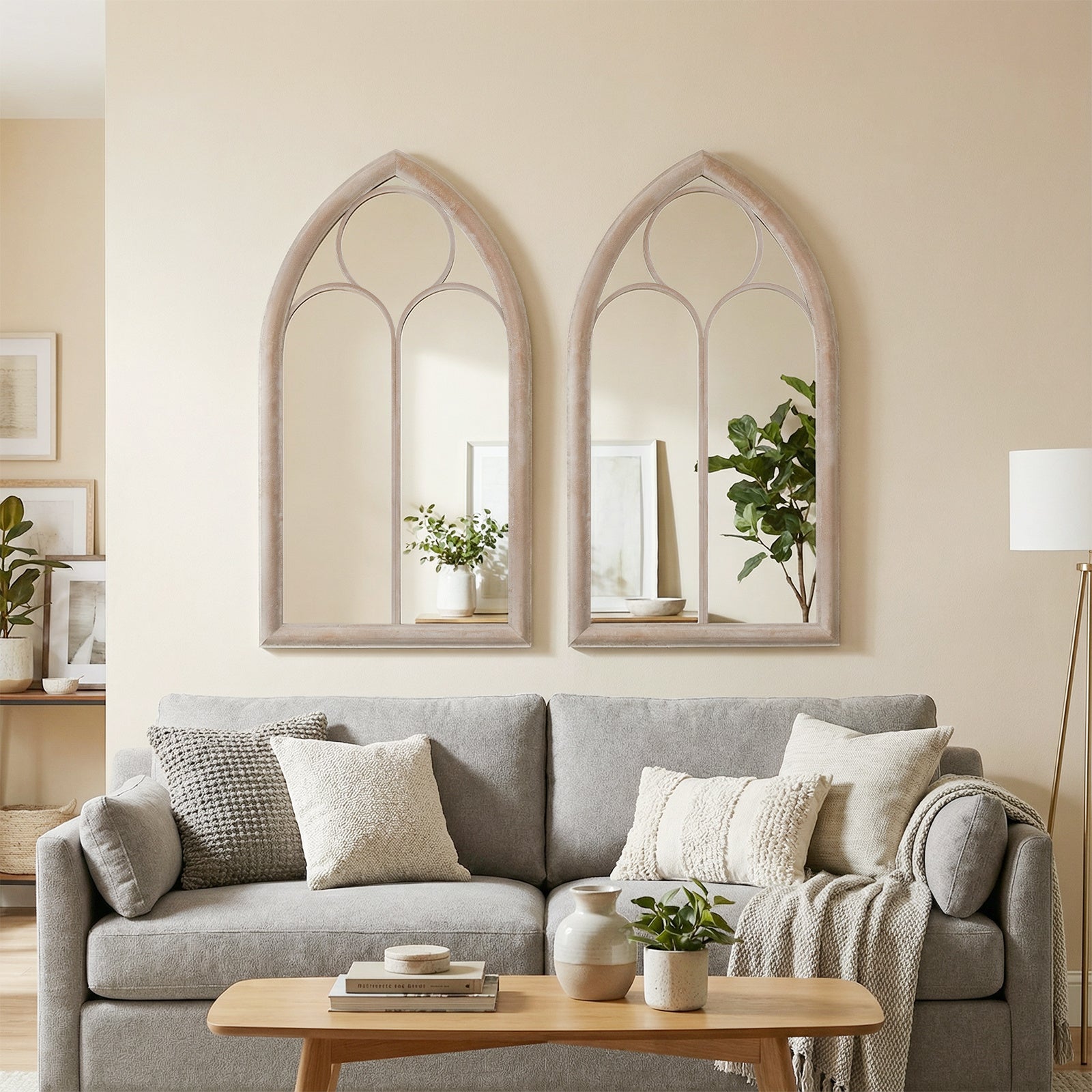 Farmhouse Window Pane Mirror Large Arched Wall Mounted Mirror with Metal Frame-Grey