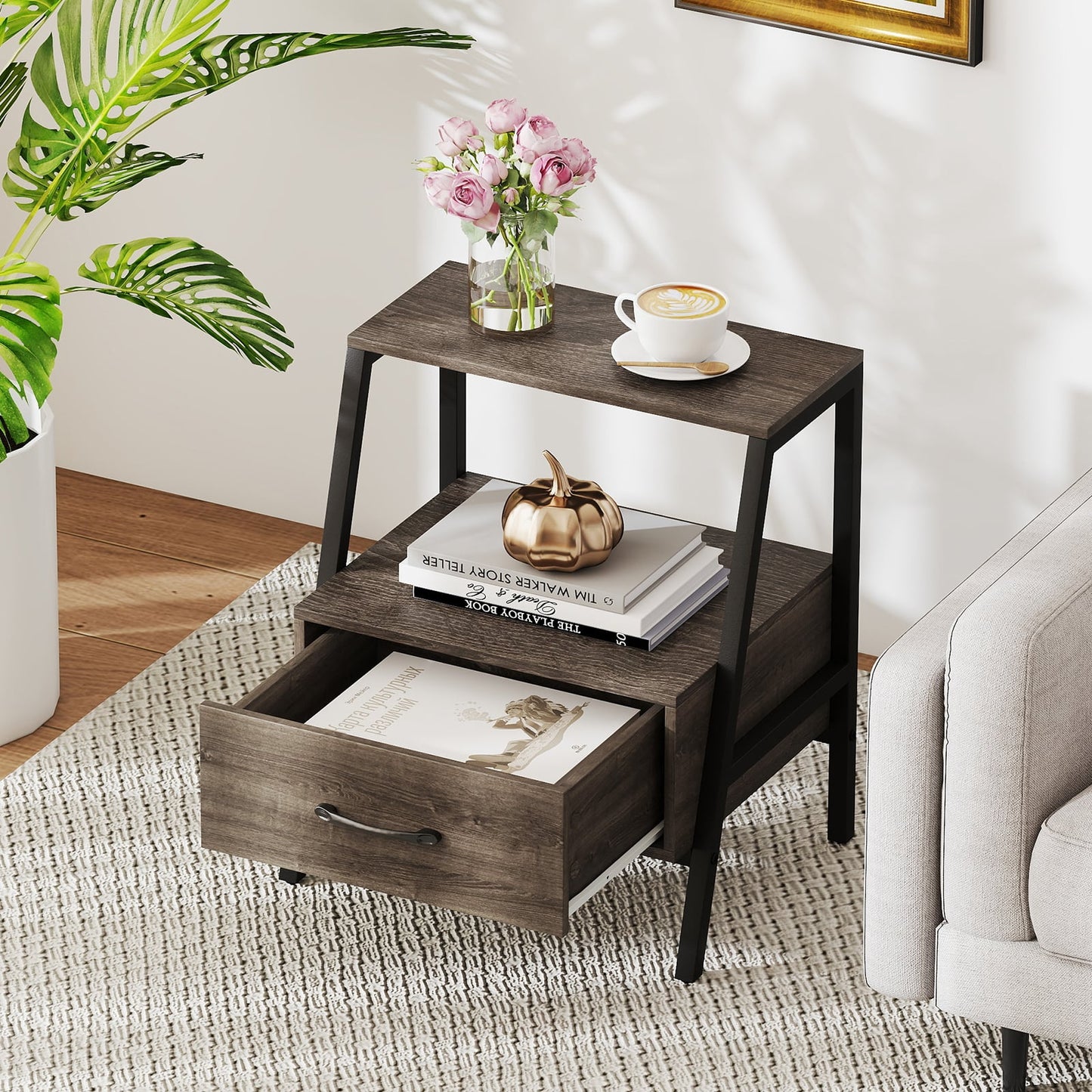 Farmhouse 3-Tier Nightstand with Drawer and Open Shelf for Living Room Bedroom-Grey